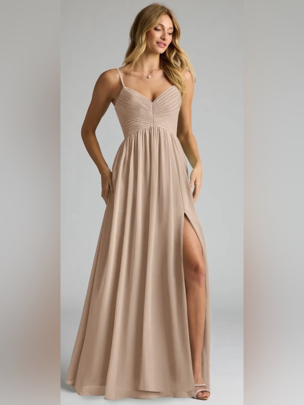 Azazie Alia Taupe A-Line Pleated Chiffon Dress - Picture 3 of 9
